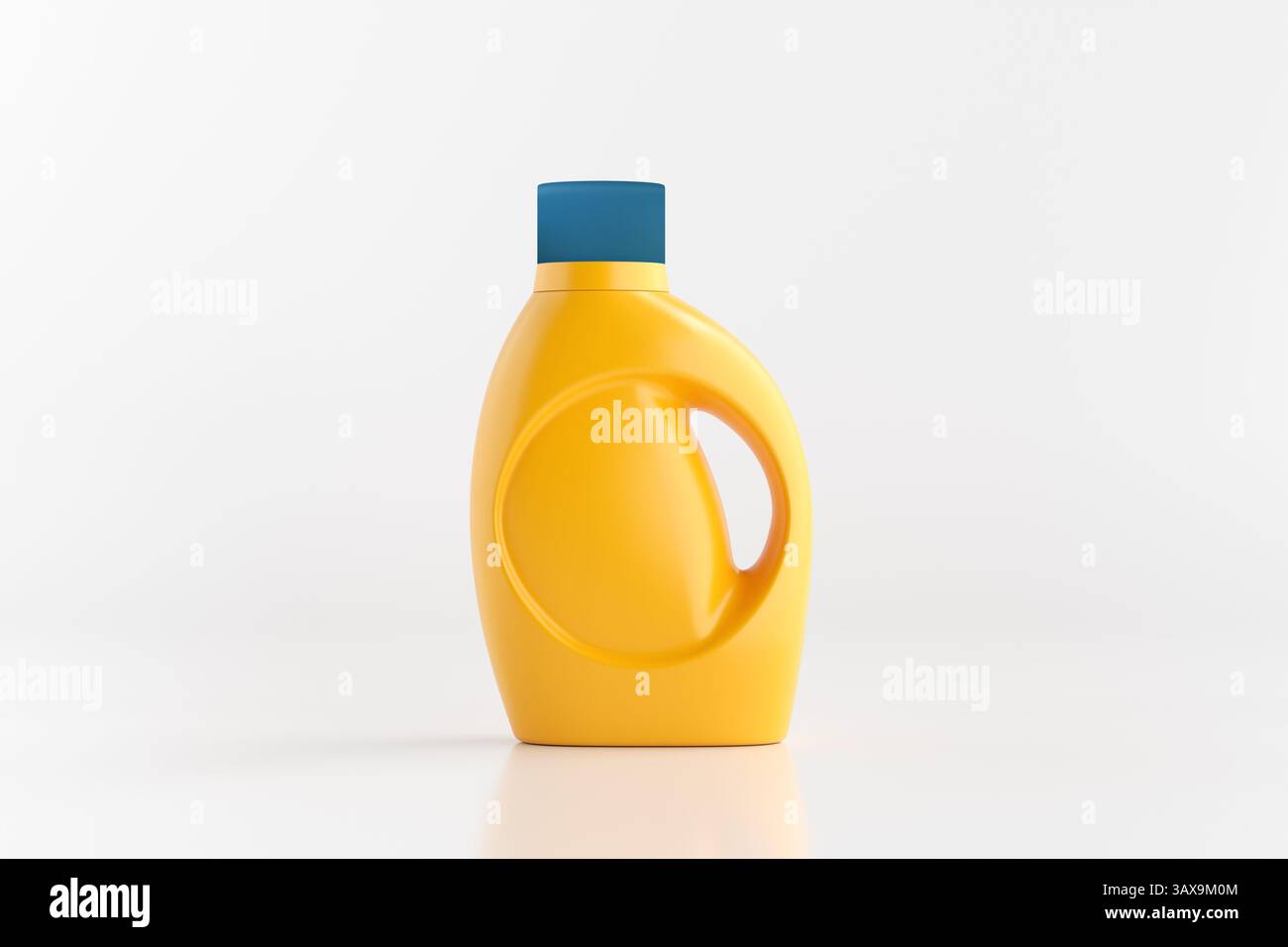 Flacone di detergente in plastica giallo con tappo blu, posizionato su una superficie riflettente bianca lucida, che trasuda un senso di pulizia e freschezza. 3 Foto Stock