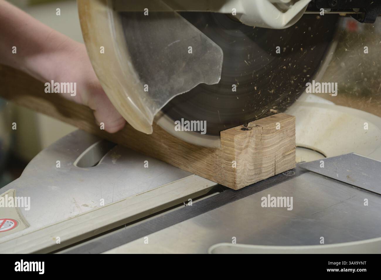 Falegname che taglia il legno con una sega elettrica - primo piano Foto Stock