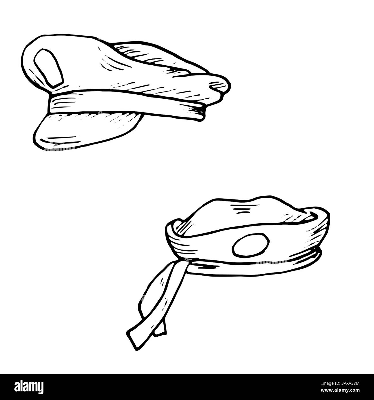 Cappello del capitano della Marina, disegno a inchiostro bianco e nero. Illustrazione vettoriale. Cappello da marinaio, isolato su sfondo bianco. Cappello del capitano marinaio, per marine Illustrazione Vettoriale
