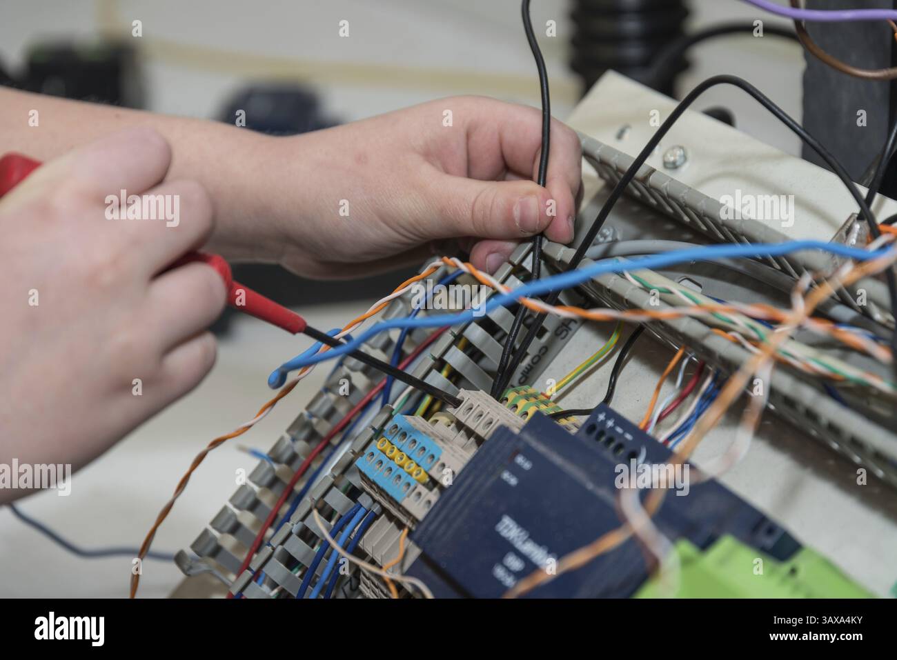 Ingegnere elettrico che lavora con un cacciavite sulle installazioni sul luogo di lavoro - primo piano Foto Stock