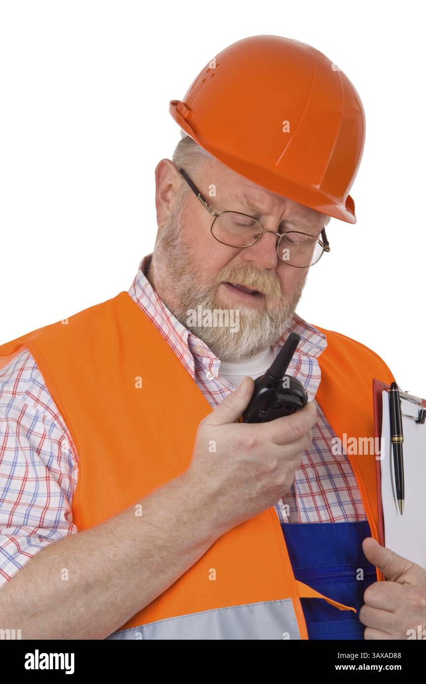 Operaio edile con apparecchiature radio - esente Foto Stock