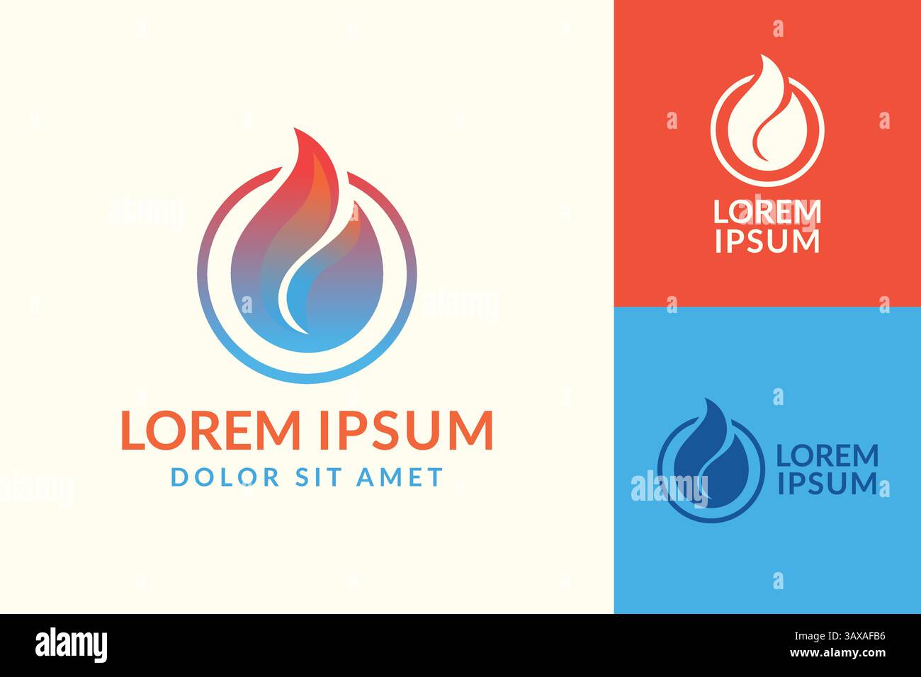 Un design moderno e grafico con logo con una fiamma stilizzata all'interno di un cerchio, in una varietà di combinazioni di colori. Illustrazione Vettoriale