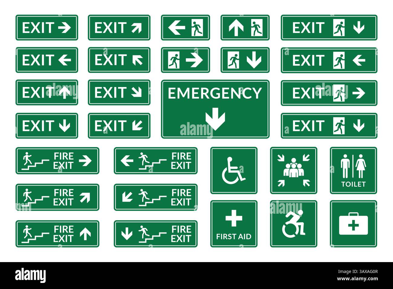Una varietà di segnali di evacuazione e sicurezza verdi, comprese uscite, fughe d'incendio, servizi igienici, pronto soccorso, e informazioni sull'accessibilità. Illustrazione Vettoriale
