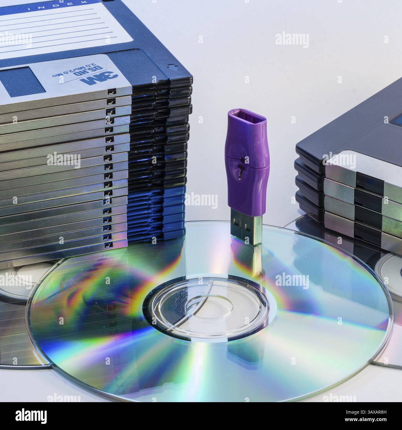 La progressione del computer supporti per la memorizzazione di dati da floppy USB flash stick attraverso il DVD ROM Foto Stock