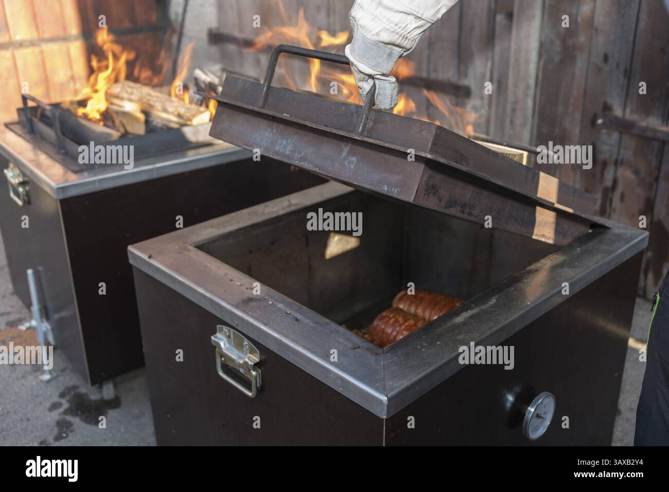 Barbecue in una forma speciale - carne affettuosamente grigliata in una griglia a scatola Foto Stock