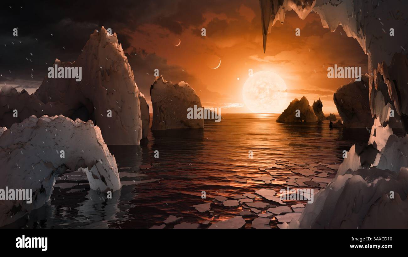 Lo Spitzer Space Telescope della NASA ha rivelato il primo sistema conosciuto di sette pianeti di dimensioni terrestri intorno a una singola stella. Tre di questi pianeti sono saldamente situati nella zona abitabile, l'area intorno alla stella madre, dove un pianeta roccioso ha più probabilità di avere acqua liquida. La scoperta stabilisce un nuovo record per il maggior numero di pianeti abitabili trovati intorno a una singola stella al di fuori del nostro sistema solare. Tutti questi sette pianeti potrebbero avere acqua liquida – la chiave della vita come la conosciamo – nelle giuste condizioni atmosferiche, ma le probabilità sono più alte con i tre nella zona abitabile. (NASA via Foto Stock