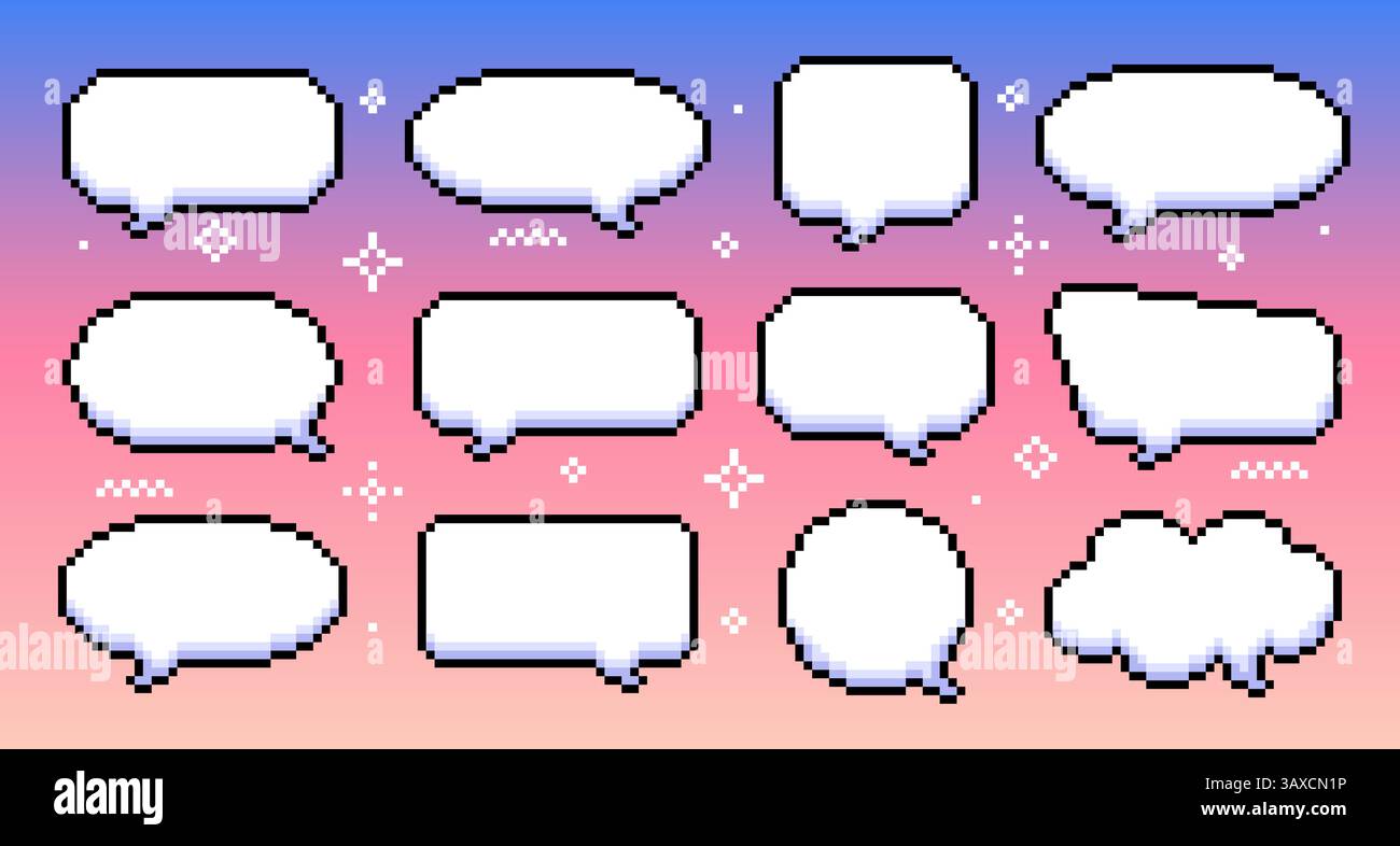 Bolle vocali pixelate retrò di varie forme. Finestre di dialogo pixellate. Illustrazione vettoriale Illustrazione Vettoriale