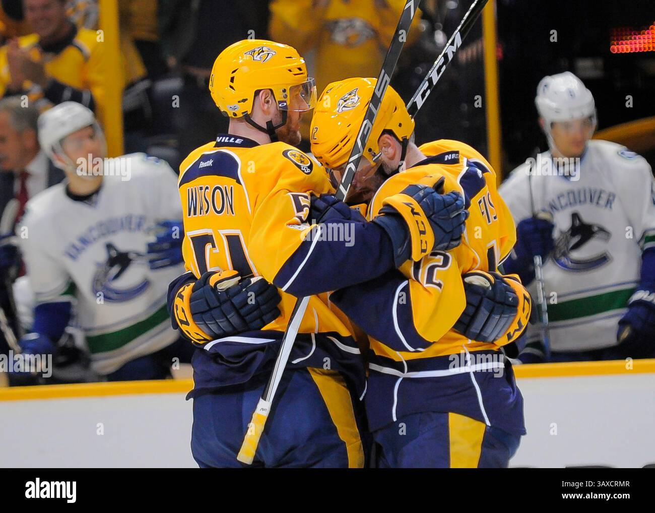 7 febbraio 2017 il centro dei Nashville Predators Vernon Fiddler (83) e l'ala sinistra dei Nashville Predators Austin Watson (51) celebrano il vuoto gol netto del centro dei Nashville Predators Mike Fisher (12) durante una partita di hockey tra Vancouver Canucks e Nashville Predators alla Bridgestone Arena di Nashville Tennessee. I predatori abbattono i Canucks 4-2 nel terzo (immagine di credito: &Copy; Steve Roberts/Cal Sport Media/CSM tramite ZUMA Wire) Foto Stock
