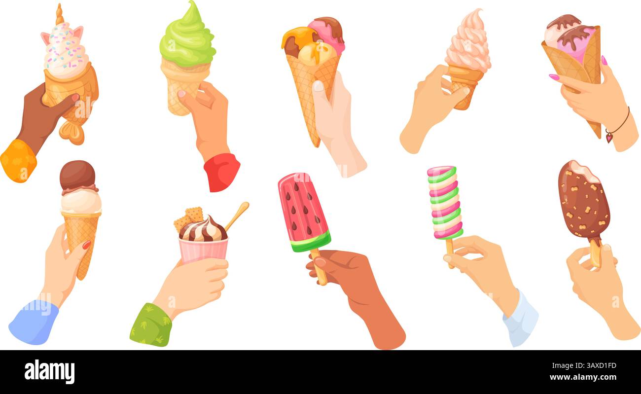 Le mani tengono il gelato. Uomo donna con le mani in mano con palline di gelato nel cono di cialda o popsicle su bastoncino, panna surgelata, snack dolci estivi, gelati dessert, illustrazioni vettoriali originali Illustrazione Vettoriale