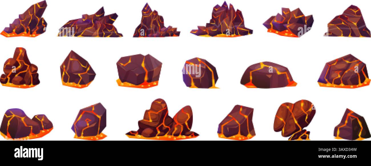 Pietre laviche. Terreno roccioso del vulcano con laves di liquido bruciato, effetto magma della superficie del gioco pietre spaccate vulcaniche terremoto fuoco incidente terrestre, cartoni animati illustrazioni vettoriali originali Illustrazione Vettoriale