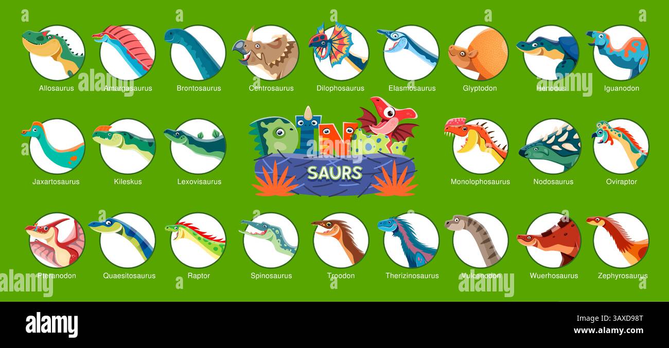 Infografiche sui dinosauri preistorici dei cartoni animati. Set vettoriale di icone Dino colorate etichettate con nomi. Avatar o emblemi paleontologici rotondi che mostrano vari colori Illustrazione Vettoriale