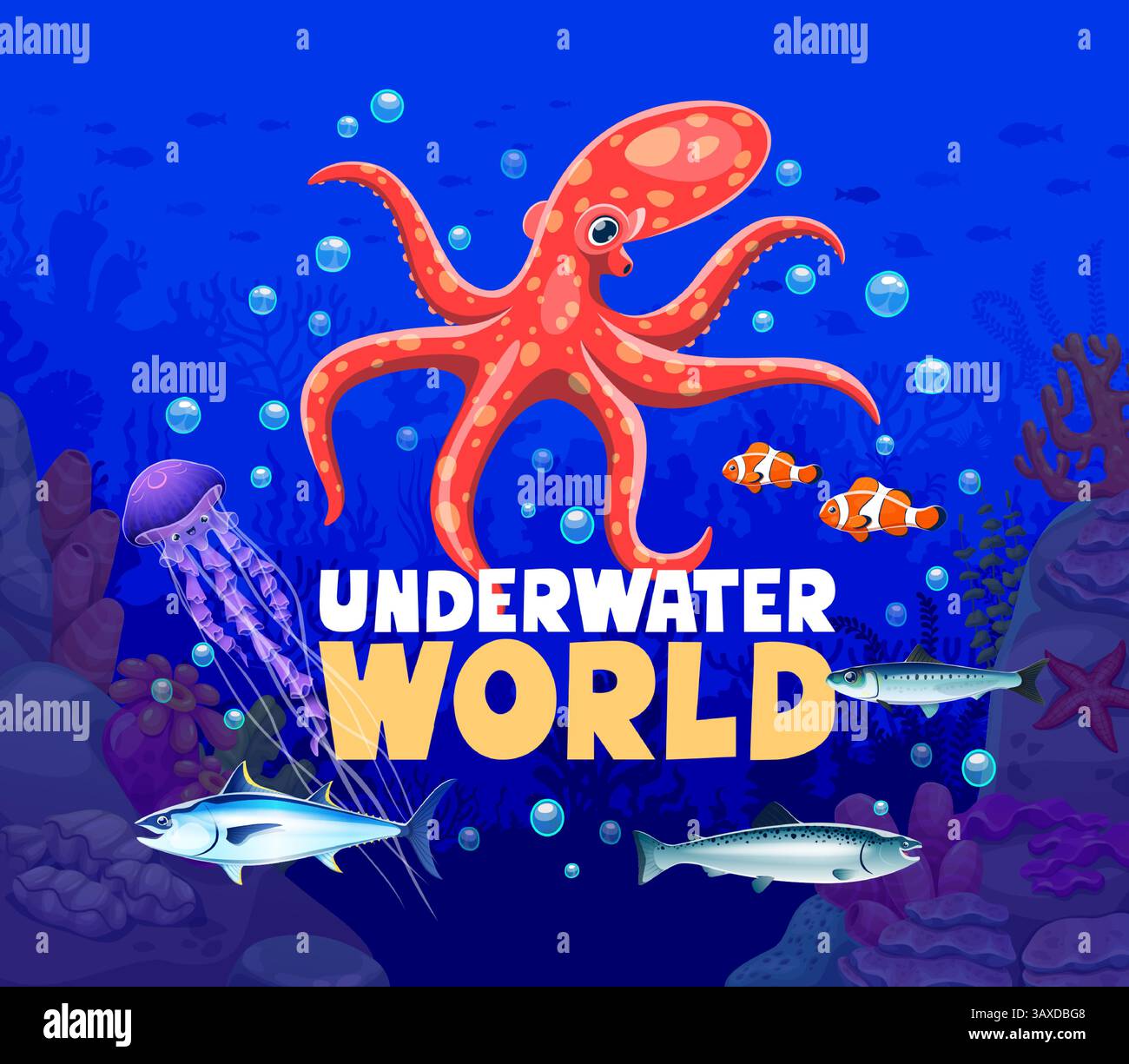 Salva lo striscione dell'oceano con polpo cartoni animati, meduse e pesci, poster vettoriale. Salvare l'ecosistema oceanico e la protezione dell'ambiente subacqueo o aqu Illustrazione Vettoriale