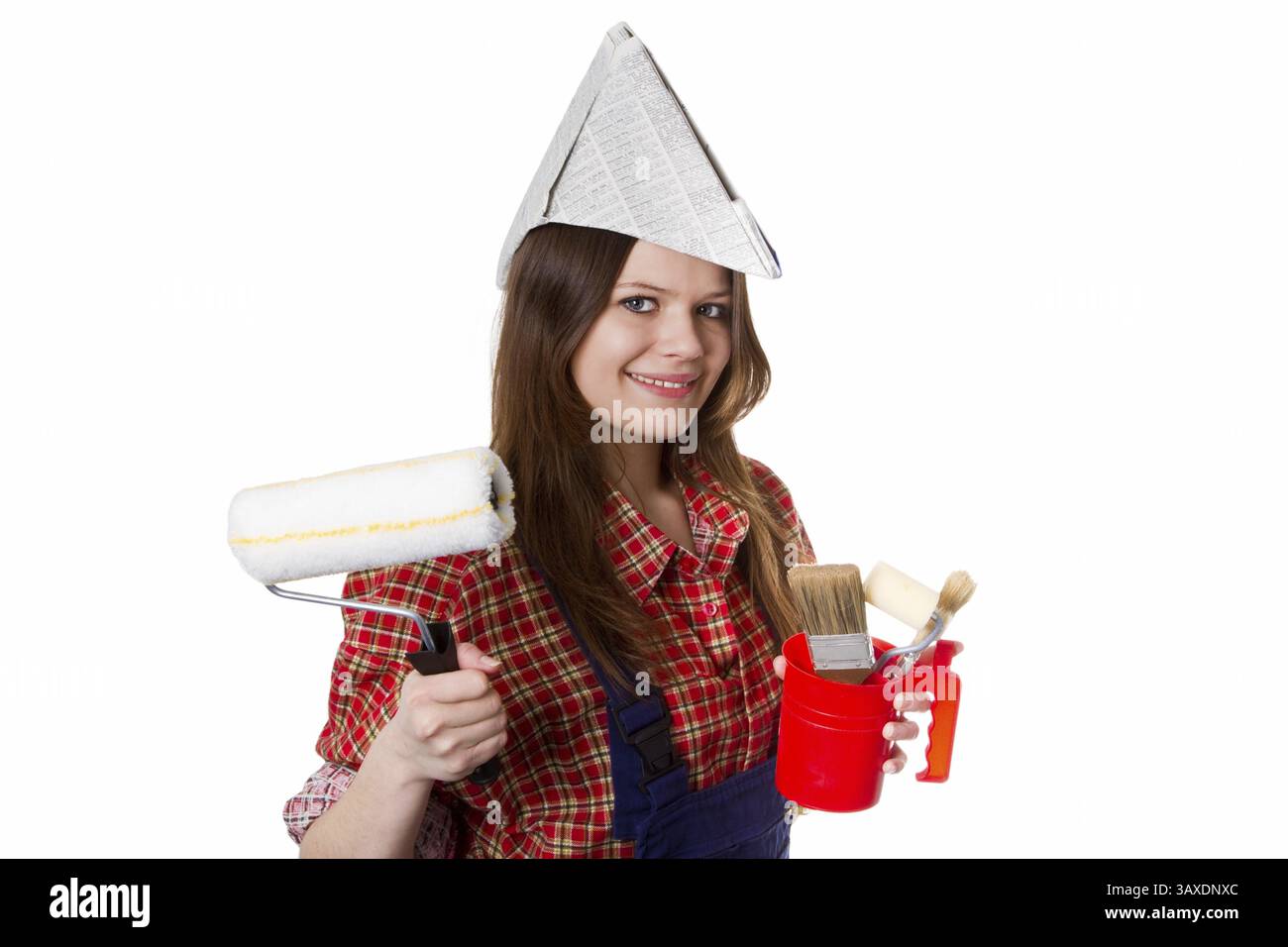 Giovane donna come pittore di case - isolata giovane donna come pittore di case - isolata Foto Stock