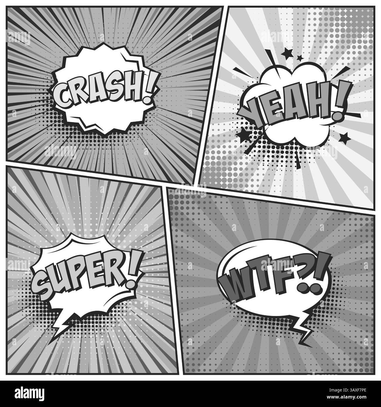 Sfondo fumettistico dei cartoni animati. Bolla del discorso. Poster in bianco e nero del libro di fumetti con elementi mezzitoni e linee radiali. Stile Pop Art retrò. Vettore Illustrazione Vettoriale