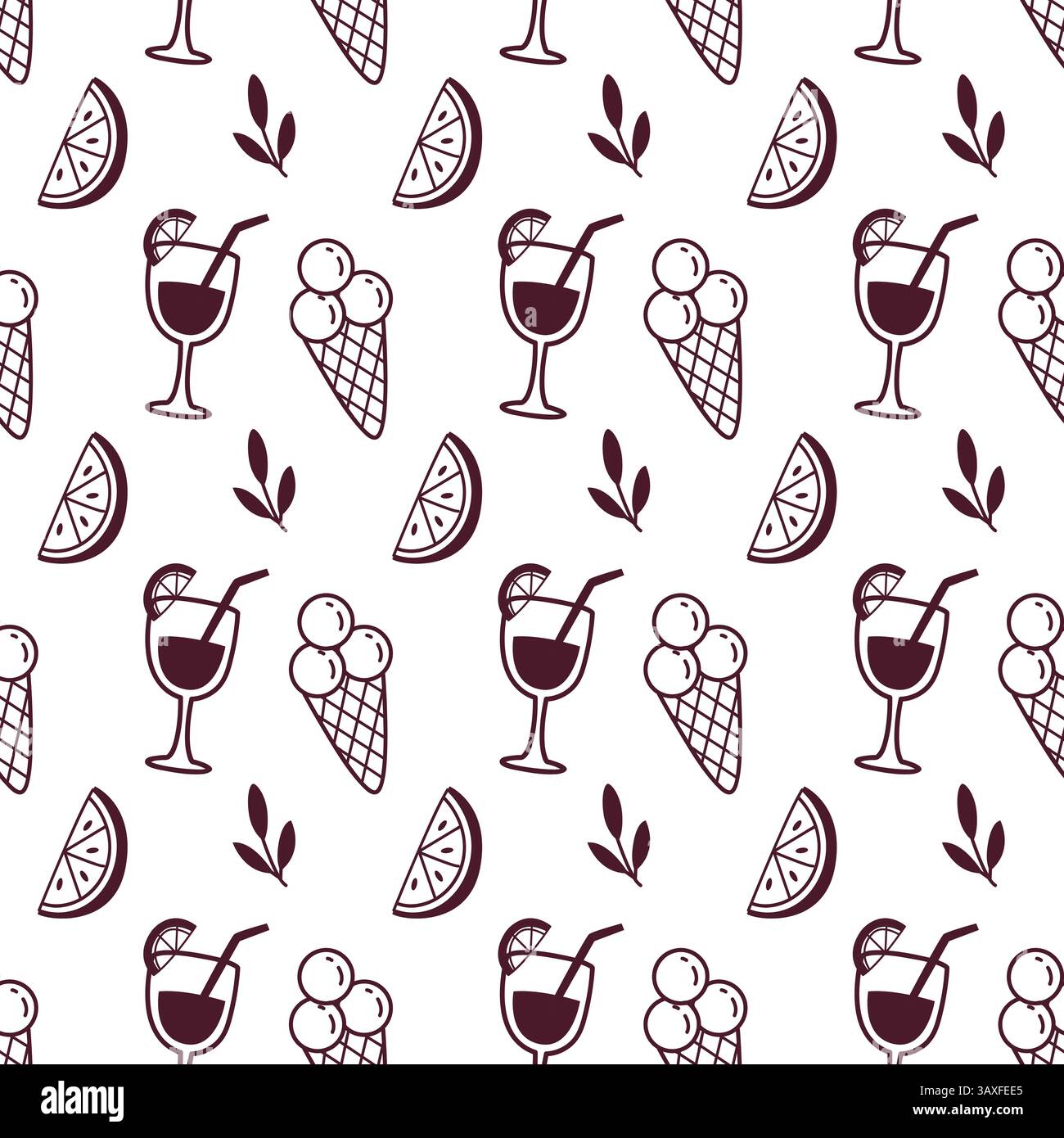 Modello estivo senza cuciture con gelato, fette di agrumi e cocktail in stile doodle monocromatico Illustrazione Vettoriale
