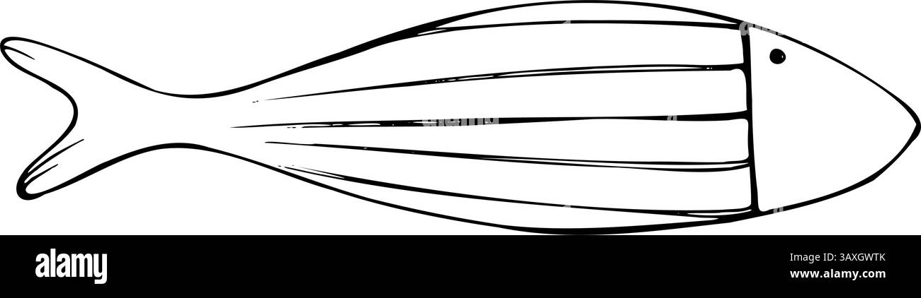 Pesci grandi allungati di forma semplice con motivi rustici. Grafica a linee disegnata a mano sul tema del mare e della pesca in inchiostro bianco e nero Illustrazione Vettoriale