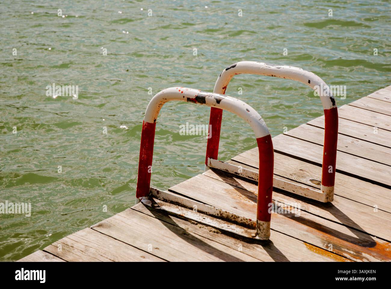 Tranquillo scenario estivo in riva al lago con molo in legno e scala di accesso all'acqua. Weekend vicino alla foresta e al lago. Foto Stock