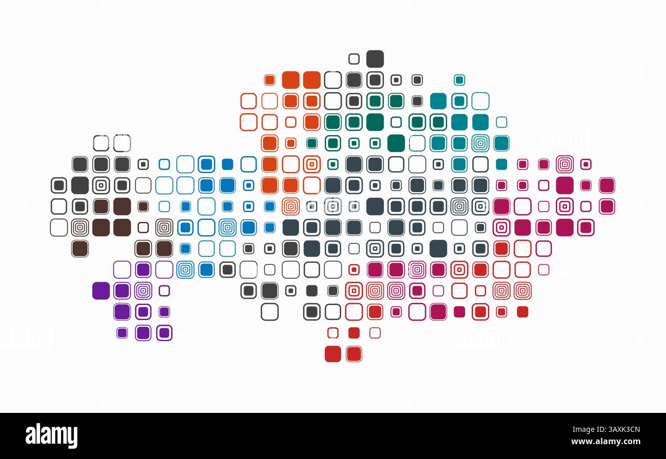 Kazakistan, forma del paese costruito di celle colorate. Mappa digitale del Kazakistan su sfondo bianco. Blocchi quadrati arrotondati di grandi dimensioni. Illustrazione Vettoriale
