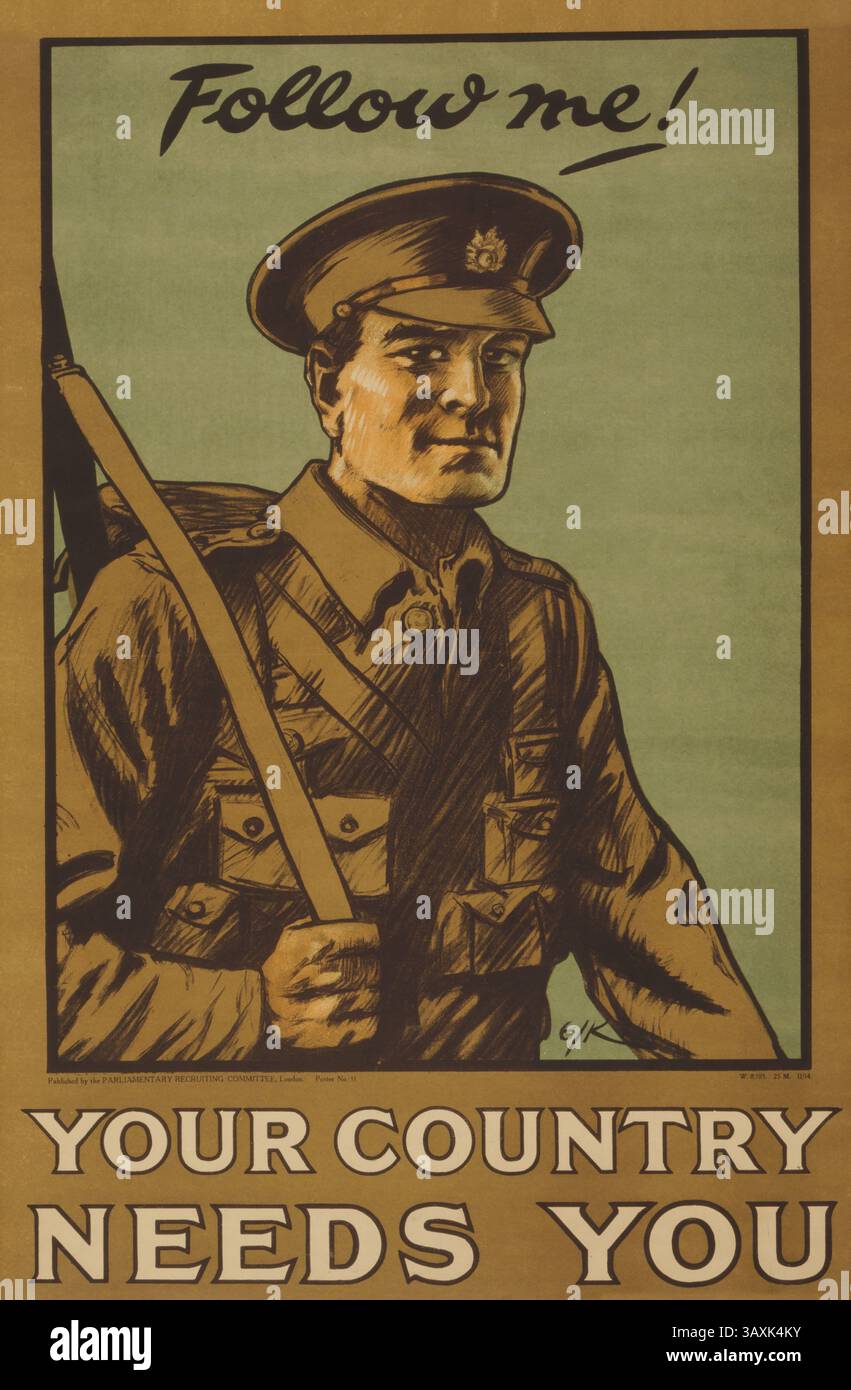 17 gennaio 2017 - Ritratto del soldato, seguimi! Your Country Needs You, World War i Recruitment poster, Parliament Recruiting Committee, Regno Unito, 1914 (Credit Image: © circa Images/Glasshouse via ZUMA Wire) Foto Stock
