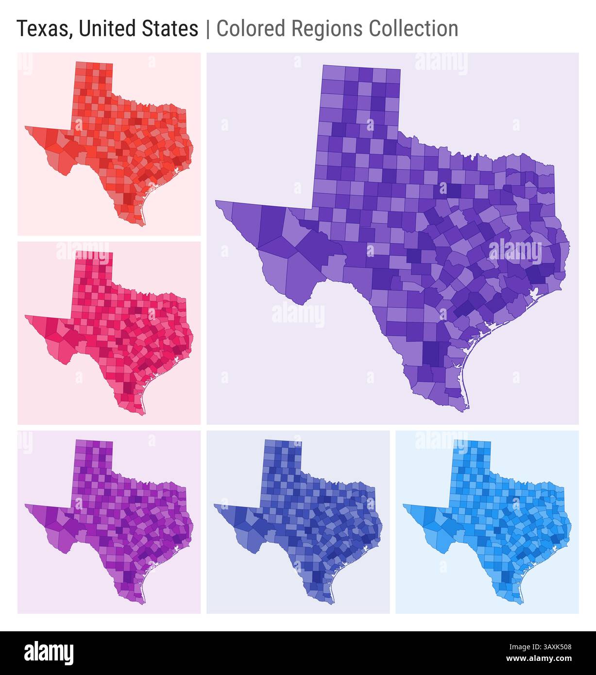 Texas, Stati Uniti. Raccolta mappe. Stato forma. Contee colorate. Viola intenso, rosso, rosa, viola, indaco, tavolozze di colore blu. Illustrazione Vettoriale