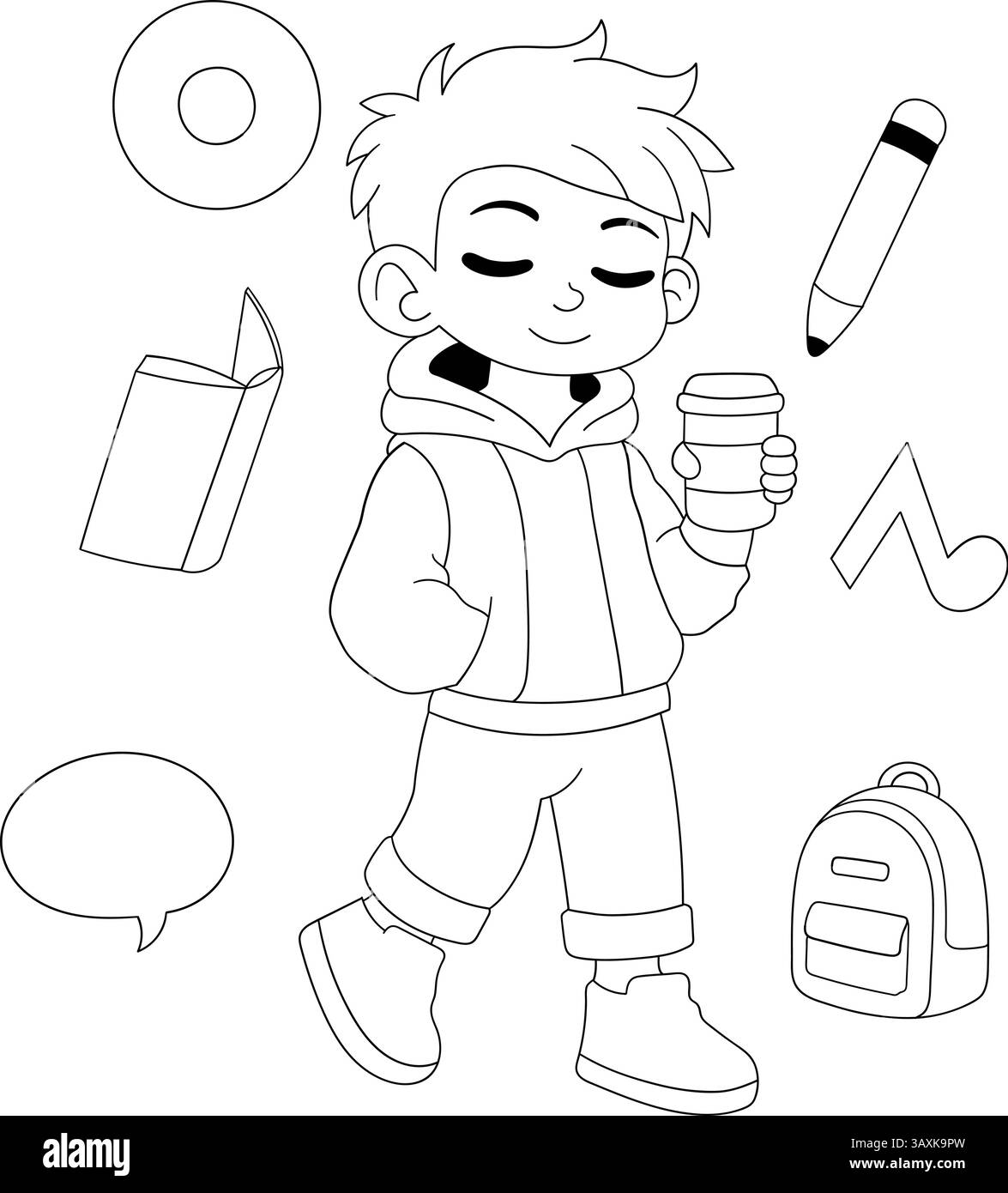 Illustrazione a cartoni animati di un ragazzo elegante che tiene in mano una tazza di caffè, circondato da elementi a tema scolastico come uno zaino, un libro, una matita e una nota musicale. Illustrazione Vettoriale