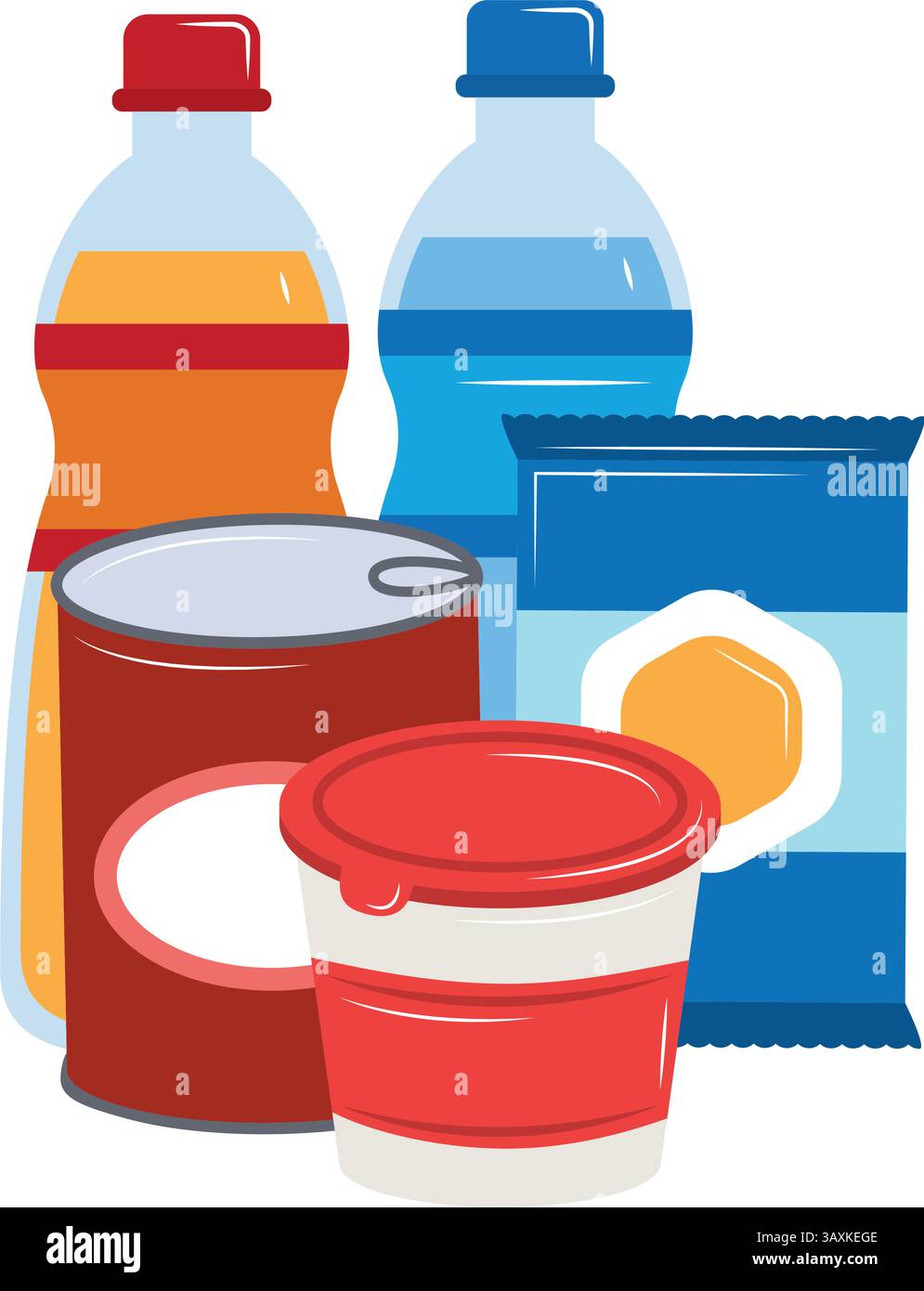 Cibo di emergenza lattine yogurt bevande etichetta snack piatto sopravvivenza Vector Illustrazione Vettoriale