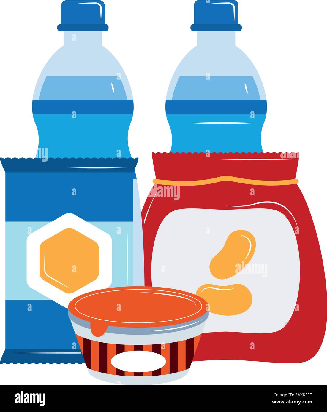 Contenitori di acqua in bottiglia per alimenti di emergenza contenitori confezionati contenitori piatti Illustrazione Vettoriale