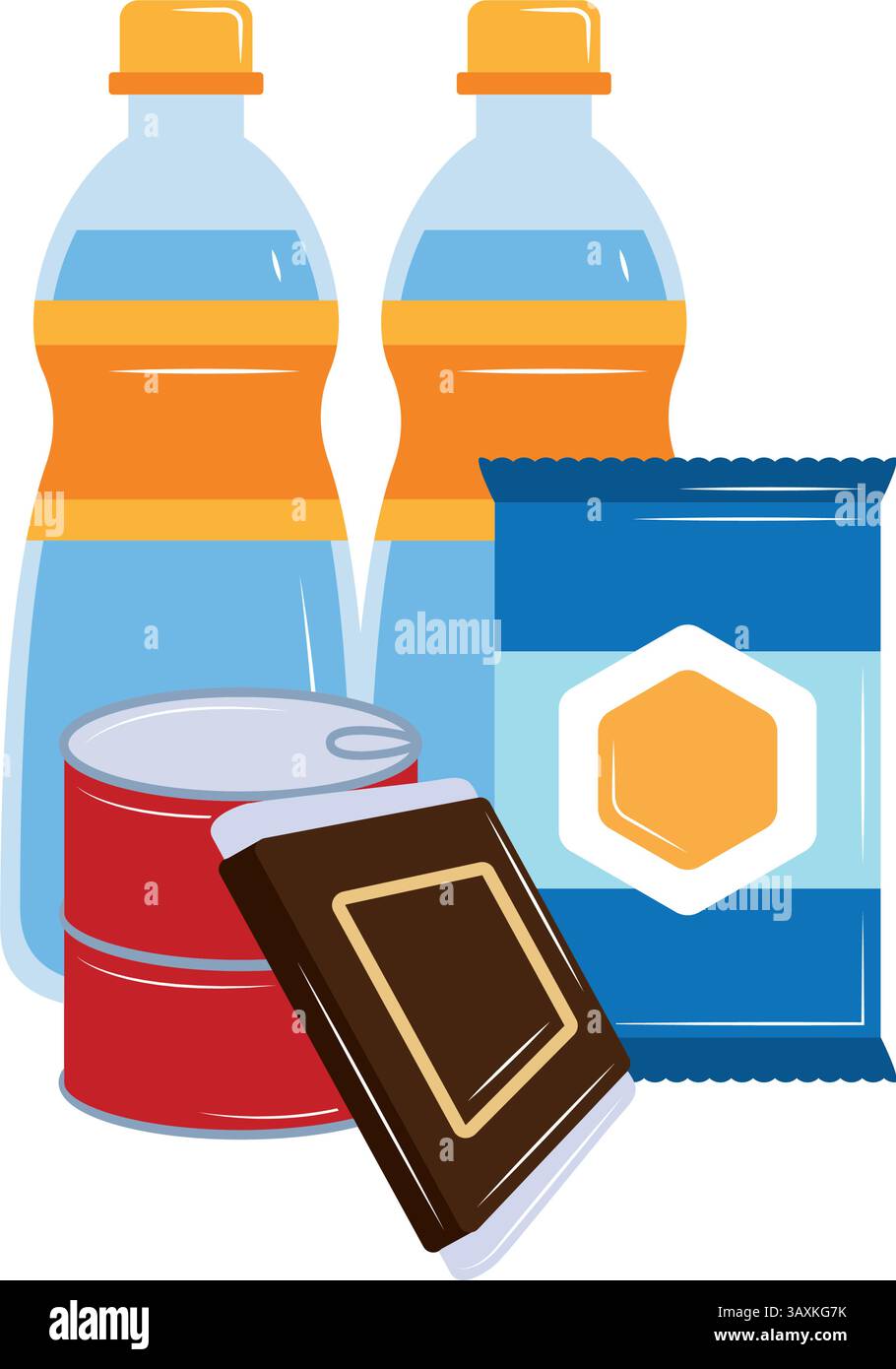 Emergenza cibo sopravvivenza bevande in bottiglia lattine confezionate Vector di cioccolato Illustrazione Vettoriale