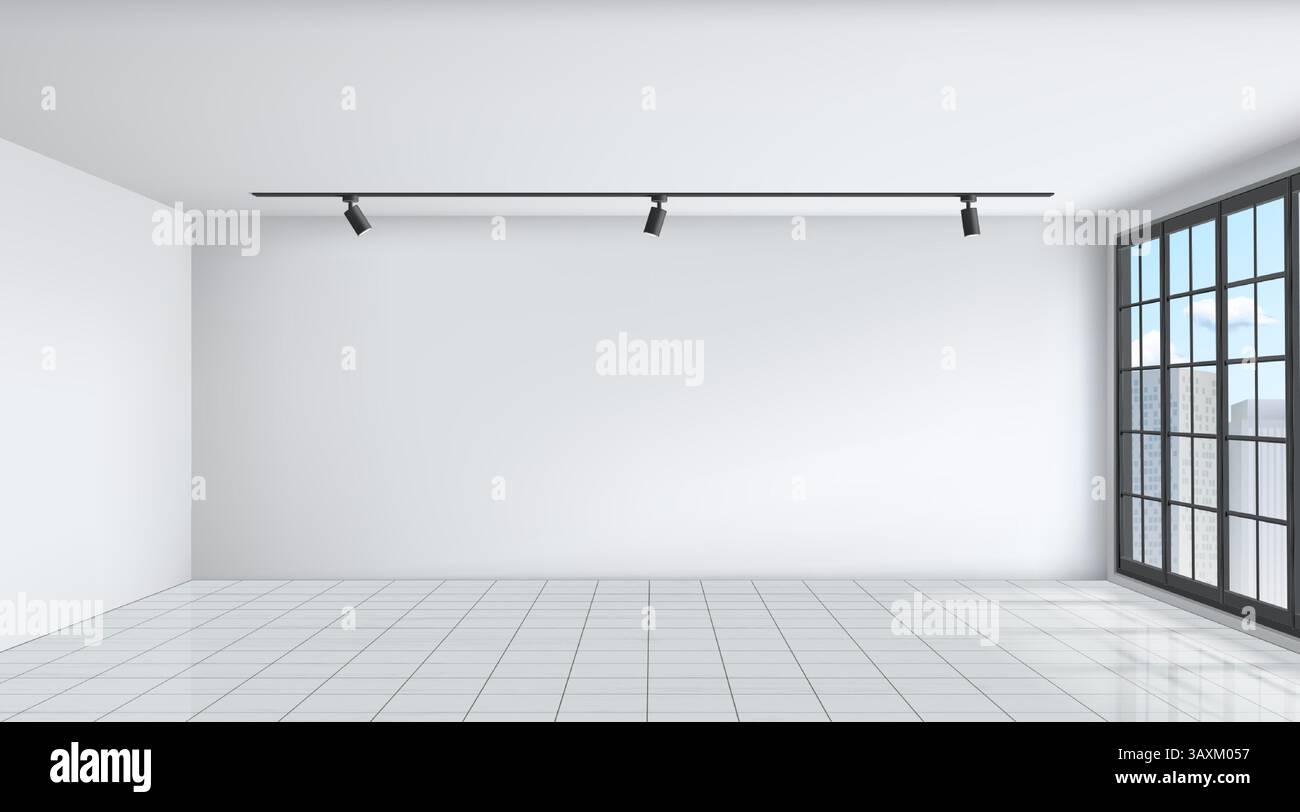 Stanza vuota. Interni di casa. Pavimento piastrellato. Plafoniera. Luce dalla finestra. Pareti bianche. Camera da letto pulita. All'interno degli appartamenti 3d. Area ufficio per l'arredamento. Illustrazione Vettoriale