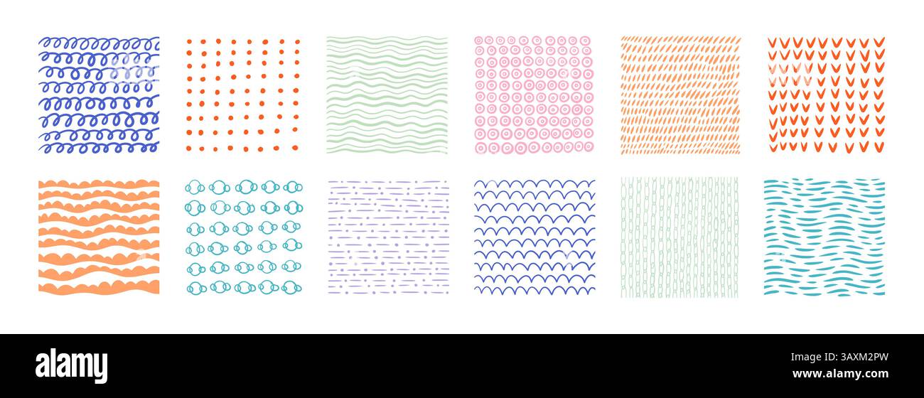 Sfondo a motivi. Texture organica disegnata a mano, schizzo di onde e scarabocchi con pastello, pennello pastello. Set di doodle in stile infantile. Tessuto decorativo, carta da imballaggio, carta da parati. Stampa per tessuto. Design vettoriale Illustrazione Vettoriale
