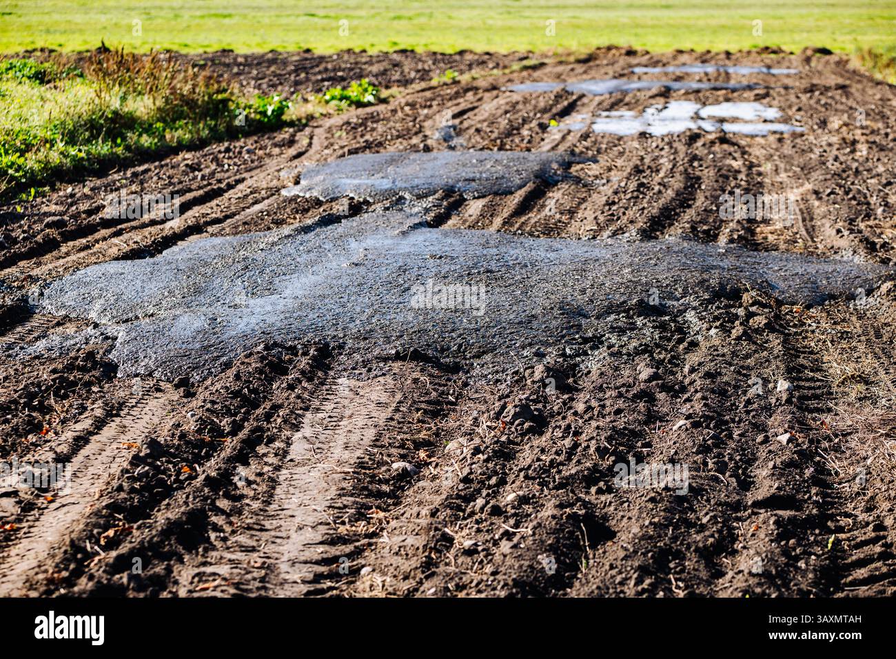Pozzanghere che riflettono il cielo su una strada fangosa creando tracce di pneumatici Foto Stock