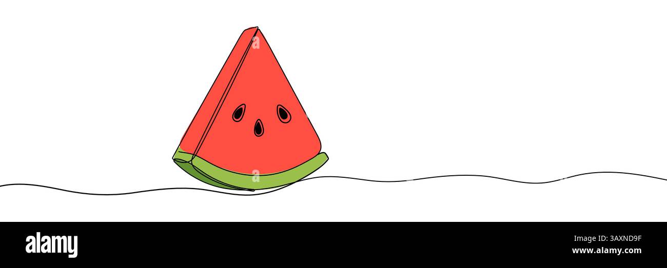 Una linea continua che disegna frutta di melone d'acqua. Frutto estivo brillante e succoso, disegno continuo di anguria con testo anguria. Modalità Illustrazione Vettoriale