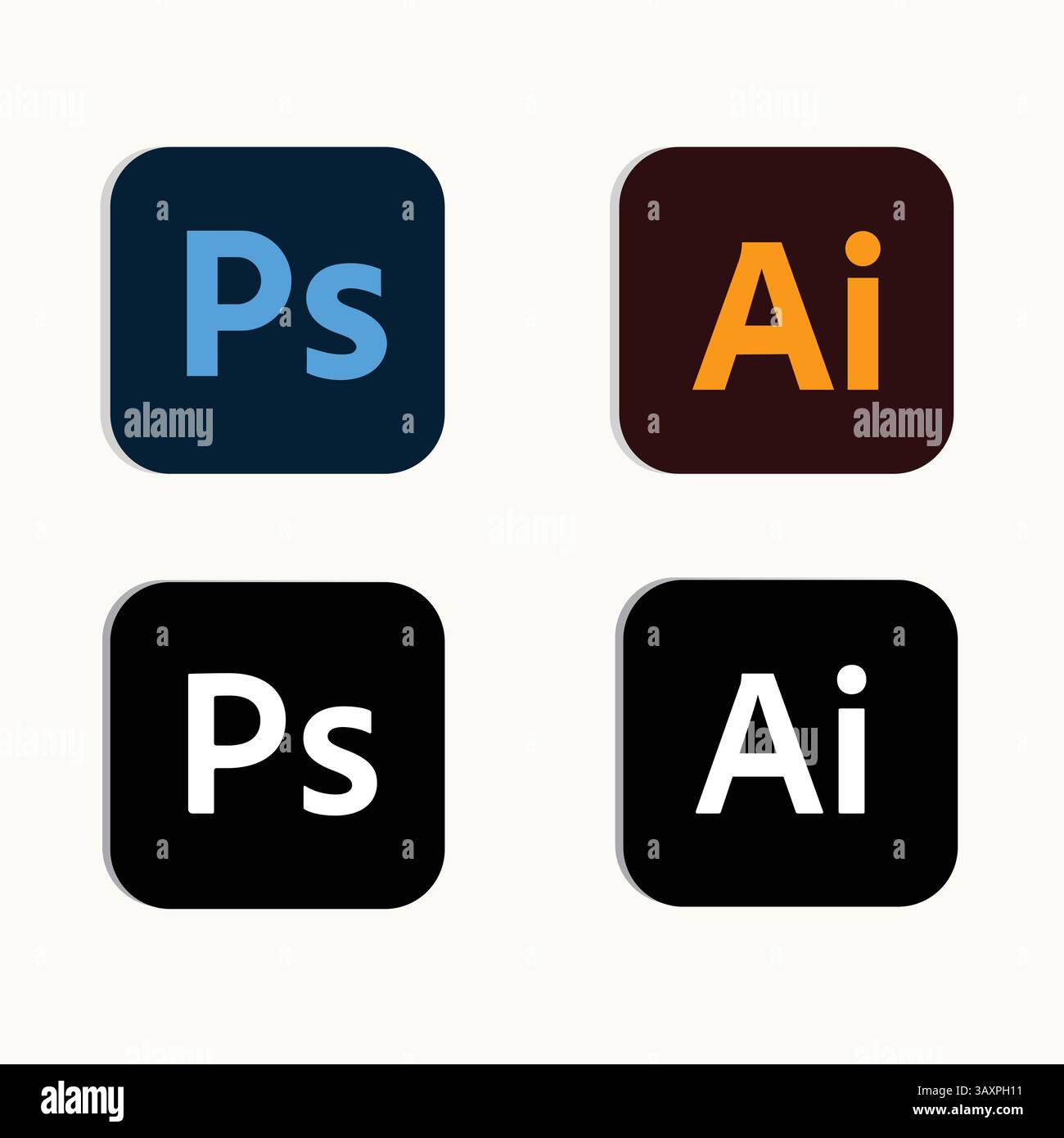 Applicazioni Adobe. Set di applicazioni Adobe piatte, a colori. Loghi Vector in bianco e nero. Illustrazione Vettoriale