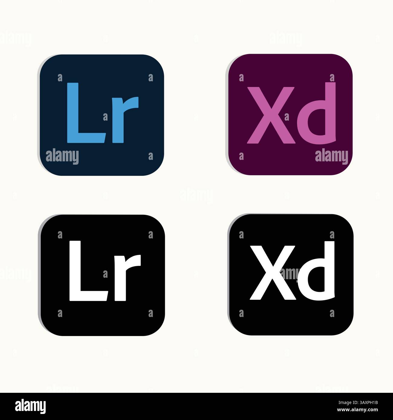Applicazioni Adobe. Lightroom, Adobe XD. Loghi Vector in bianco e nero. Illustrazione Vettoriale