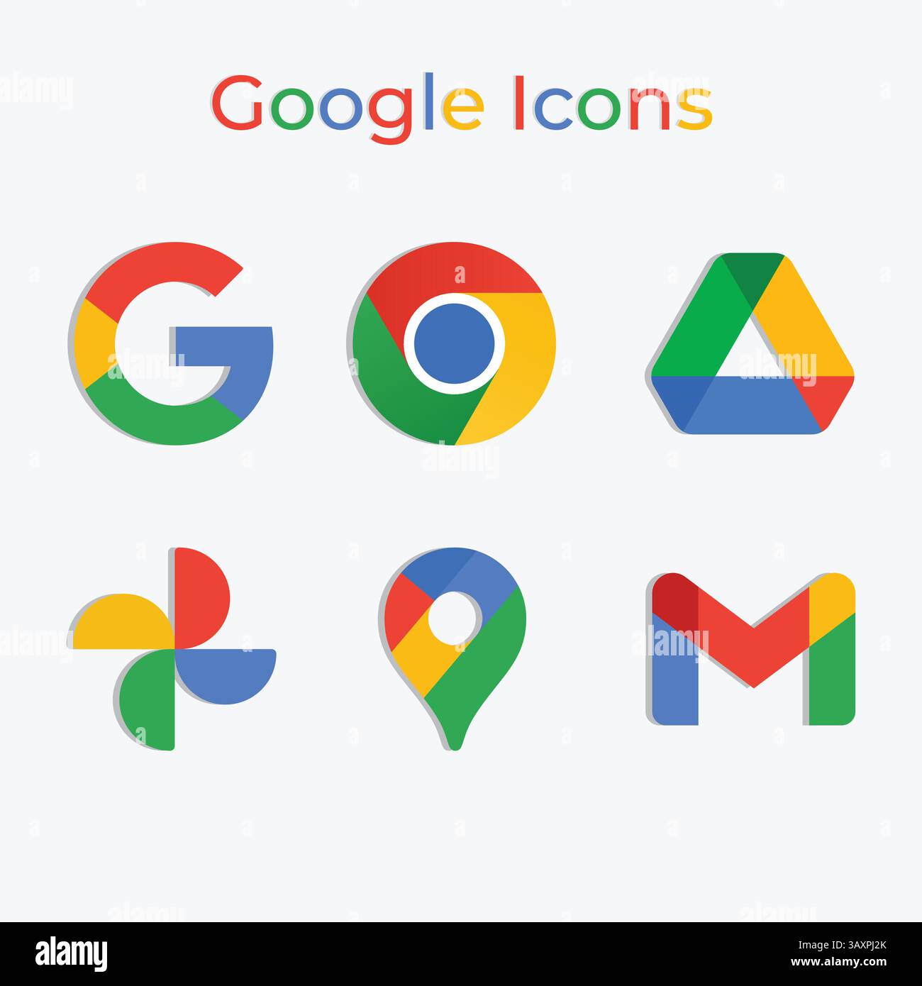 Google tutte le icone, icone ufficiali, sfondo argento, grafica vettoriale Illustrazione Vettoriale