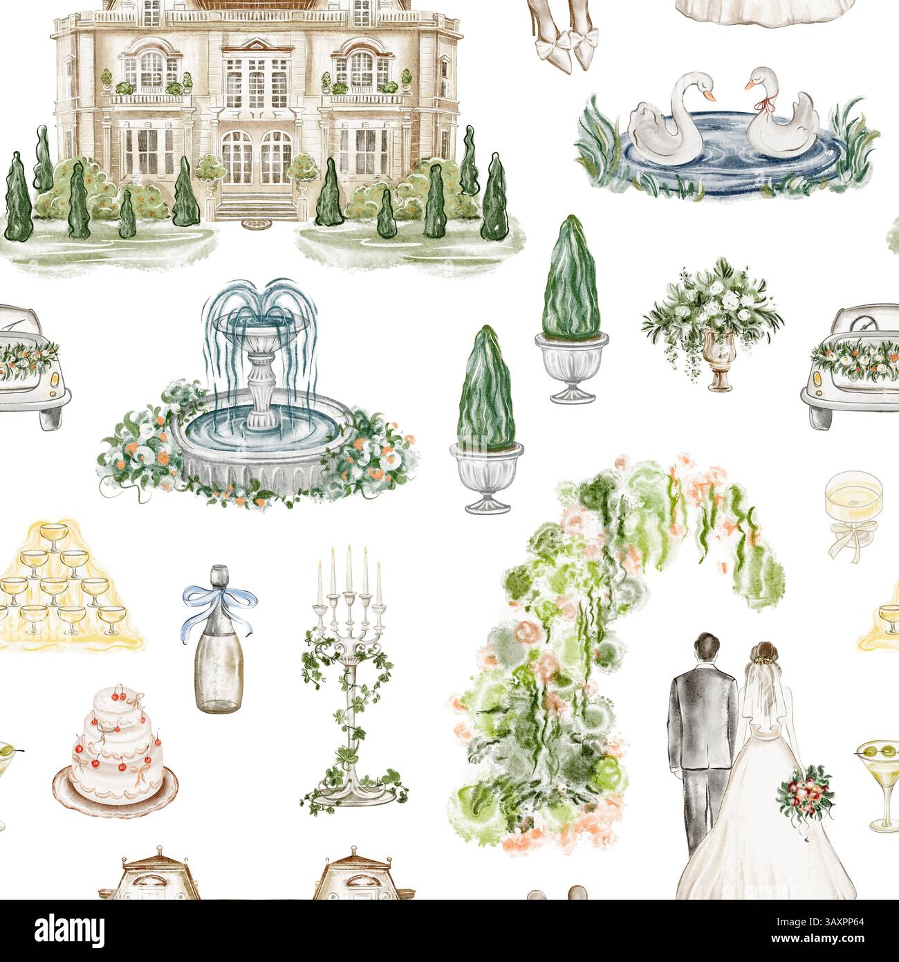 Sposi sposi sposi in stile acquerello, tenuta, cigni, champagne, fontana, convertibile. Sfondo disegnato a mano per una festa romantica Foto Stock