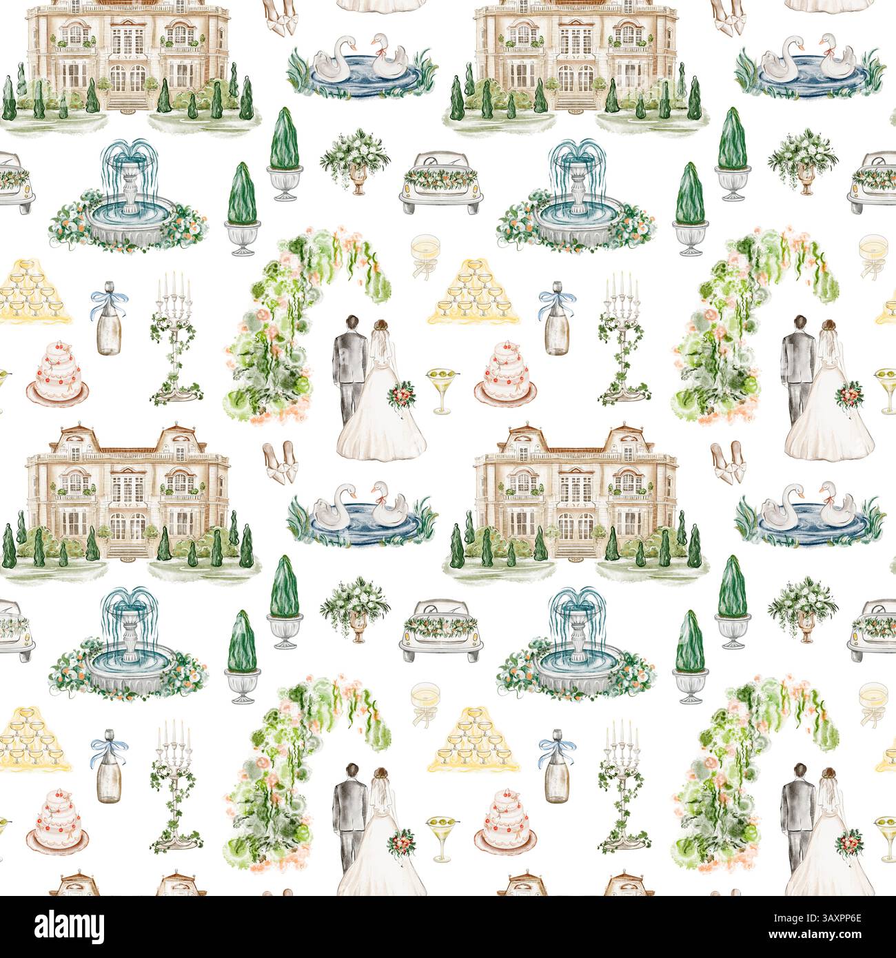 Sposi sposi sposi in stile acquerello, tenuta, cigni, champagne, fontana, convertibile. Sfondo disegnato a mano per una festa romantica Foto Stock