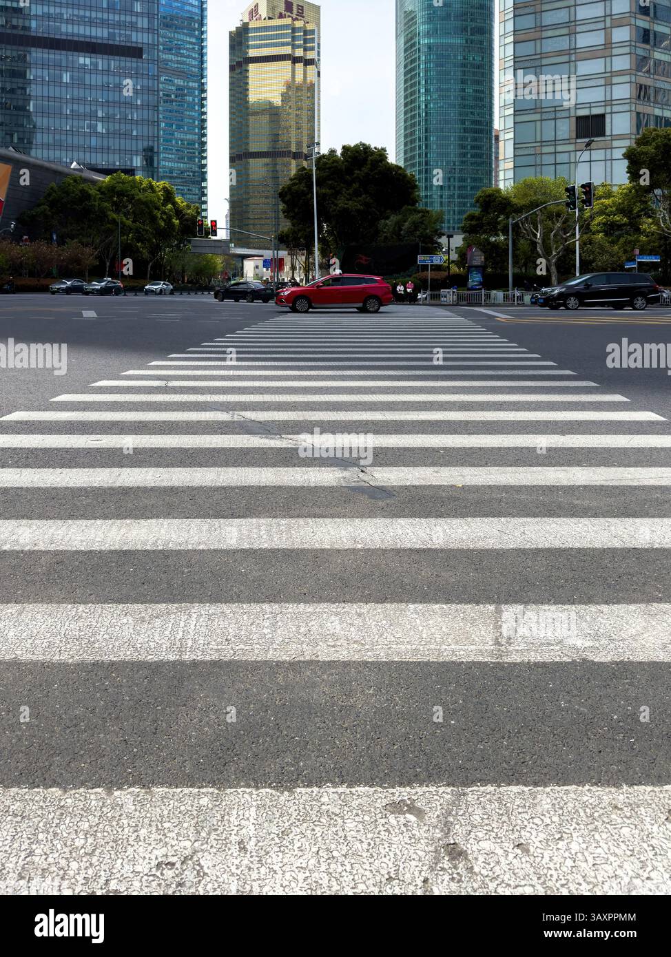 31 marzo 2025. Cina. Shanghai. Strada con attraversamenti pedonali e semaforo rosso nel centro città. Alti edifici. Foto Stock