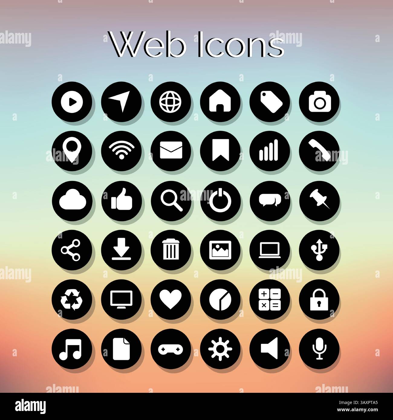 Icone del sito Web Set di 36 icone dell'applicazione icone in bianco e nero tavoletta sfondo sfumato Illustrazione Vettoriale