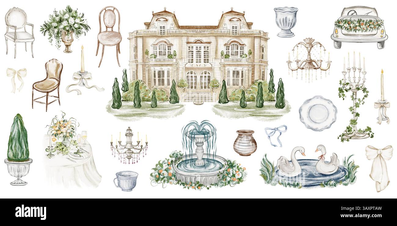 Collezione di romantici elementi acquerelli per matrimoni. Set di villa, champagne, cigni, candele e decorazioni eleganti. Clipart disegnato a mano Foto Stock