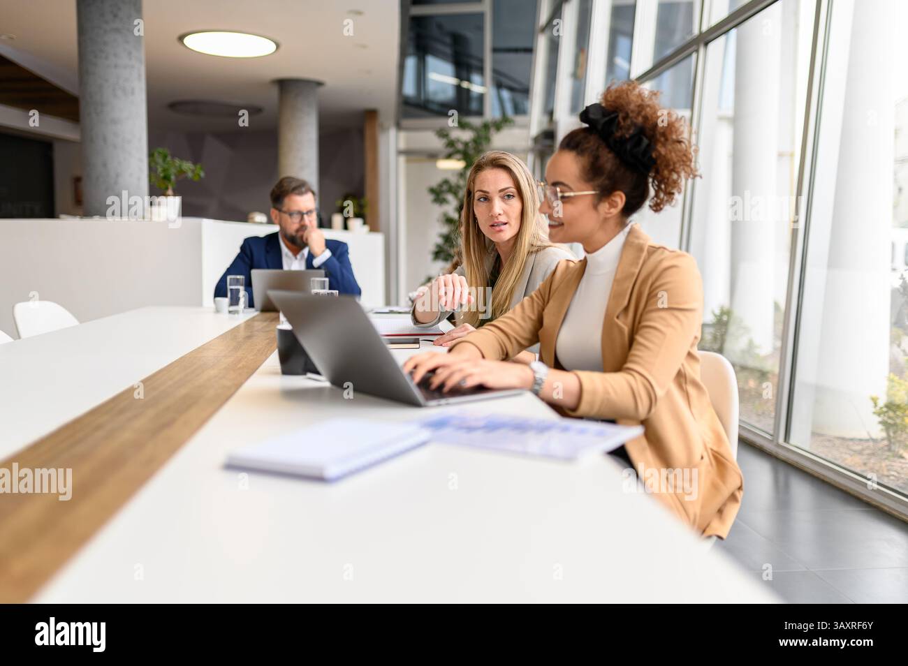 Donna d'affari che lavora con un notebook mentre discute delle strategie con la sua collega in sala riunioni Foto Stock