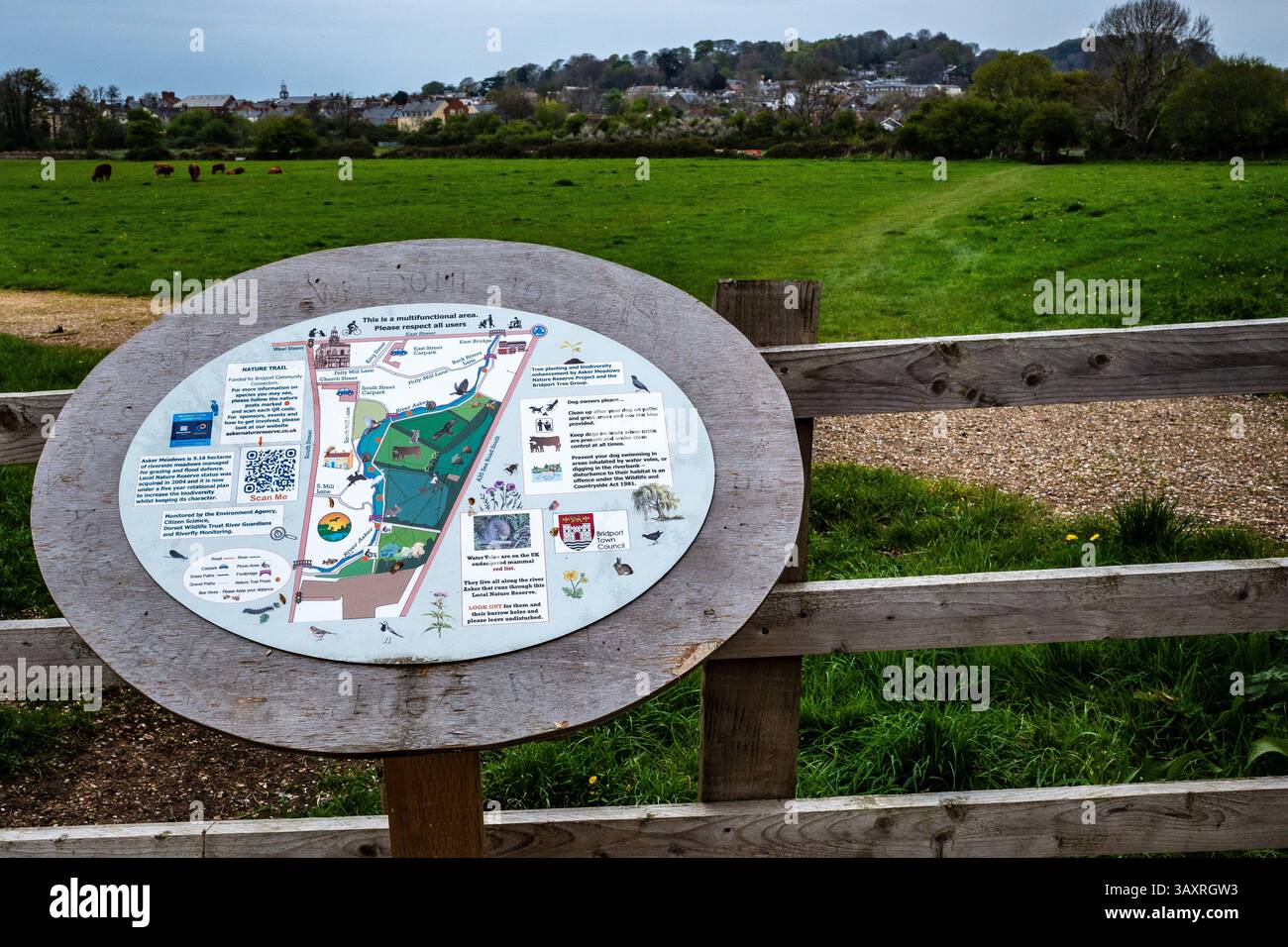 Asker's Meadow, una riserva naturale locale, a Bridport, Dorset, Inghilterra. Segno esplicativo delle caratteristiche della riserva. Turismo. Ambiente. Natura. Foto Stock