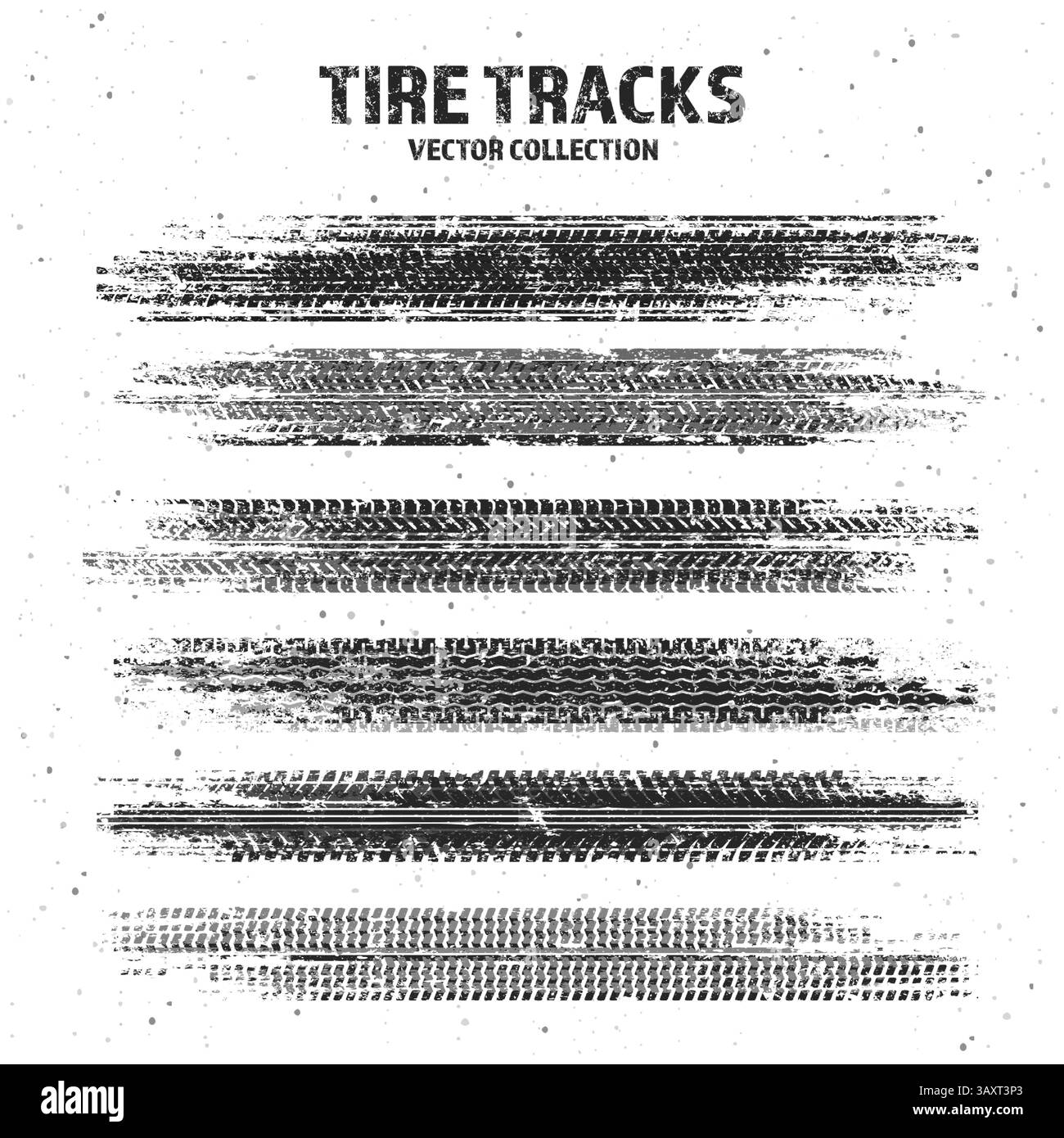 Sgrossare le tracce degli pneumatici con schizzi di fango, segni di frenata delle ruote sporche. Silhouette con battistrada per camion, auto o motociclette. Perfetto per fuoristrada Illustrazione Vettoriale