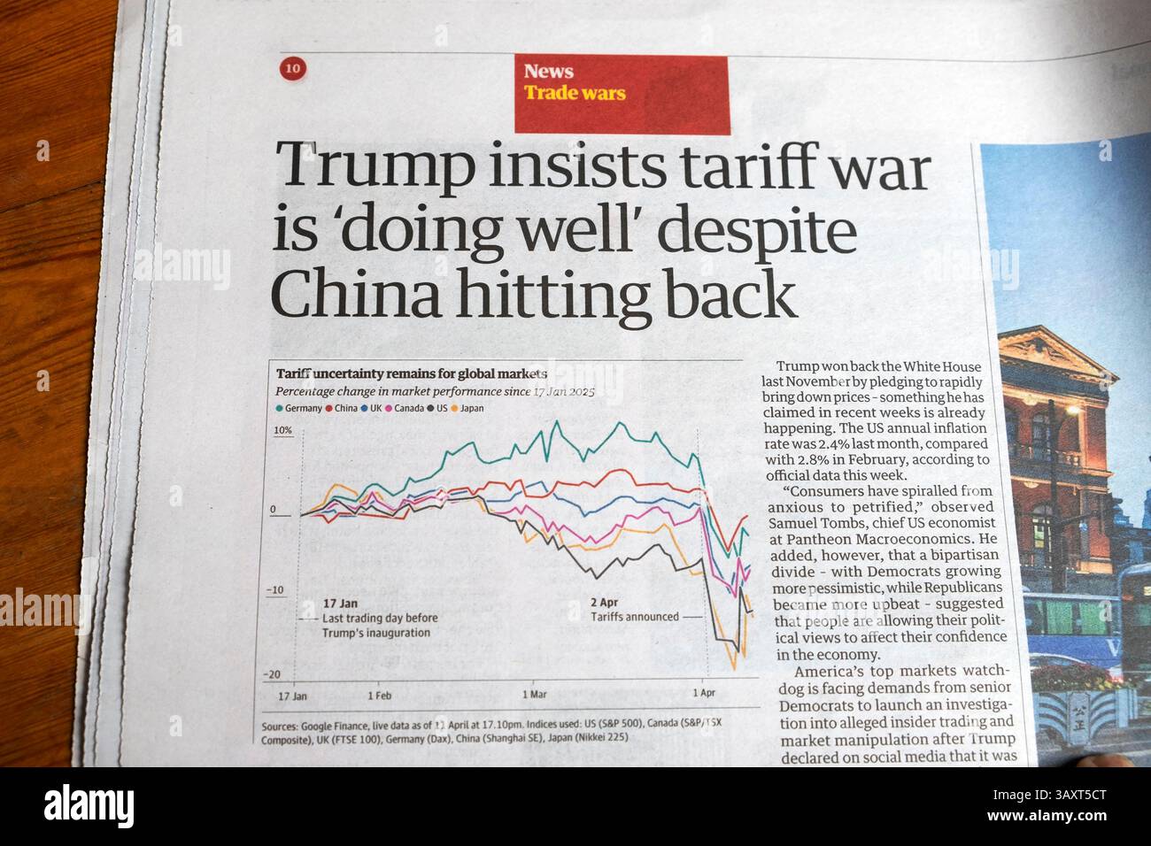 Donald "Trump insiste sul fatto che la guerra tariffaria stia "andando bene” nonostante la Cina abbia reagito” il quotidiano Guardian titola tariffe guerre commerciali articolo 2025 aprile Regno Unito Foto Stock