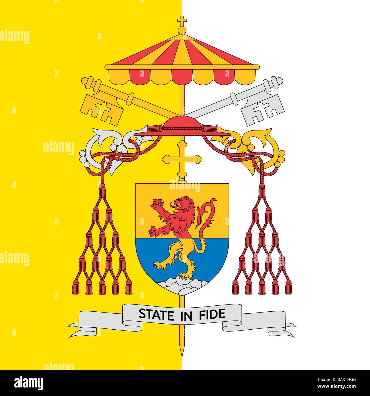Stemma del Camerlengo dello Stato della città del Vaticano 2025 sulla bandiera della Santa sede, illustrazione vettoriale Illustrazione Vettoriale
