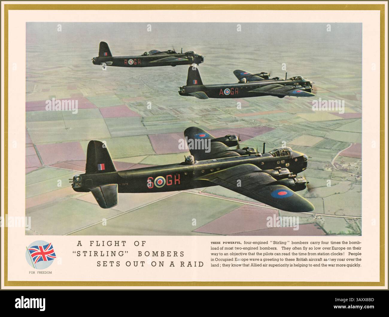 Bombardieri della Royal Airforce RAF della seconda guerra mondiale. Un volo di bombardieri "Stirling" vola in un raid alla luce del giorno sulla Germania nazista durante la seconda guerra mondiale del 1939-1945 Foto Stock
