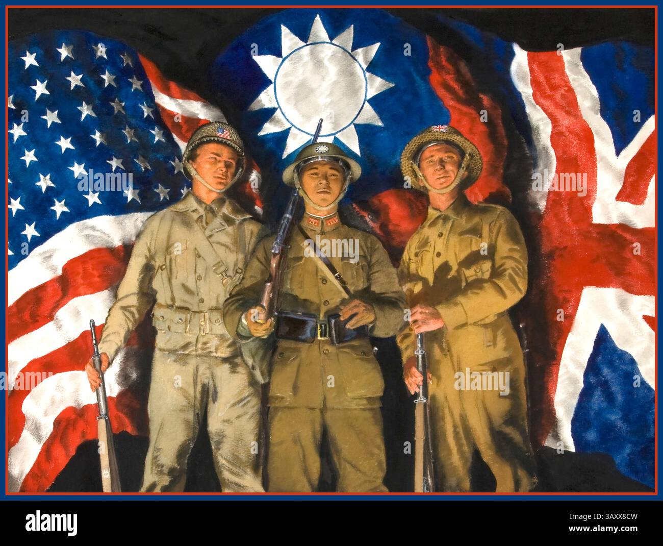 Manifesto di propaganda della seconda guerra mondiale soldati americani, cinesi e britannici con bandiere dei loro paesi. "Questa è l'unica guerra, ovunque l'Inghilterra stia combattendo, l'obiettivo della guerra britannica è distruggere l'aggressivo Giappone" "ottobre 1943, annuncio del Ministro degli interni britannico”. Gran Bretagna seconda guerra mondiale Foto Stock