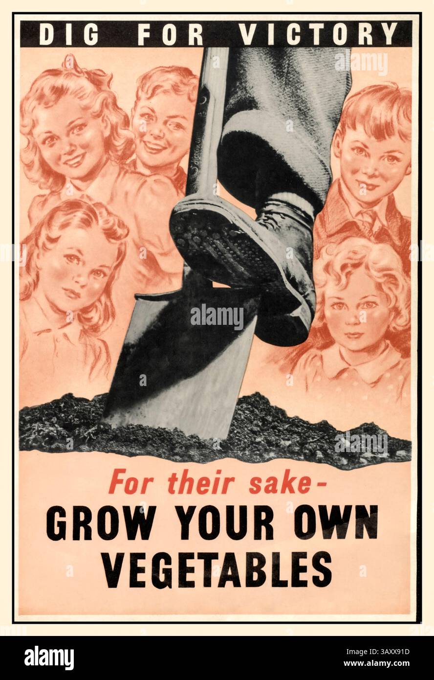 SCAVA PER VINCERE 1940 poster a colori della propaganda d'epoca WW2 raffigurante uno stivale su una pala, scavando nel terreno. I volti dei bambini sono sullo sfondo. "Scava per la Vittoria" "per il loro bene - coltiva le tue verdure". Poster britannico che promuove la coltivazione della propria verdura durante la seconda guerra mondiale del 1939-1945 Foto Stock