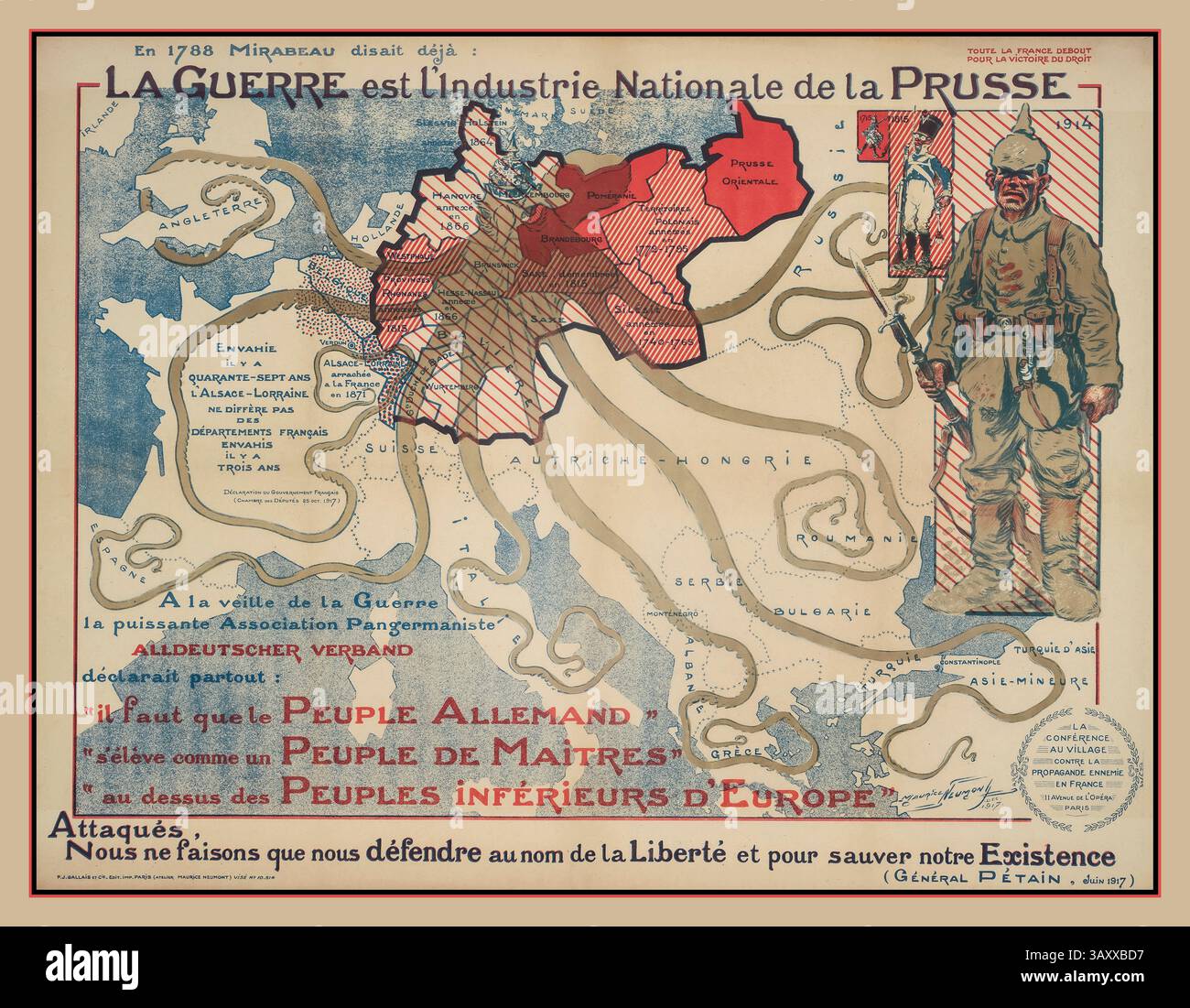 Poster francese d'epoca della prima guerra mondiale "la guerra è l'industria nazionale della Prussia" poster francese di propaganda dal 1917 commissionò una mappa che ritraeva la Prussia come un polpo che si estendeva per i tentacoli in lotta per il controllo ed è sottotitolata con una citazione del XVIII secolo: "Anche nel 1788, Mirabeau diceva che la guerra è l'industria nazionale della Prussia". Data 1917 Foto Stock