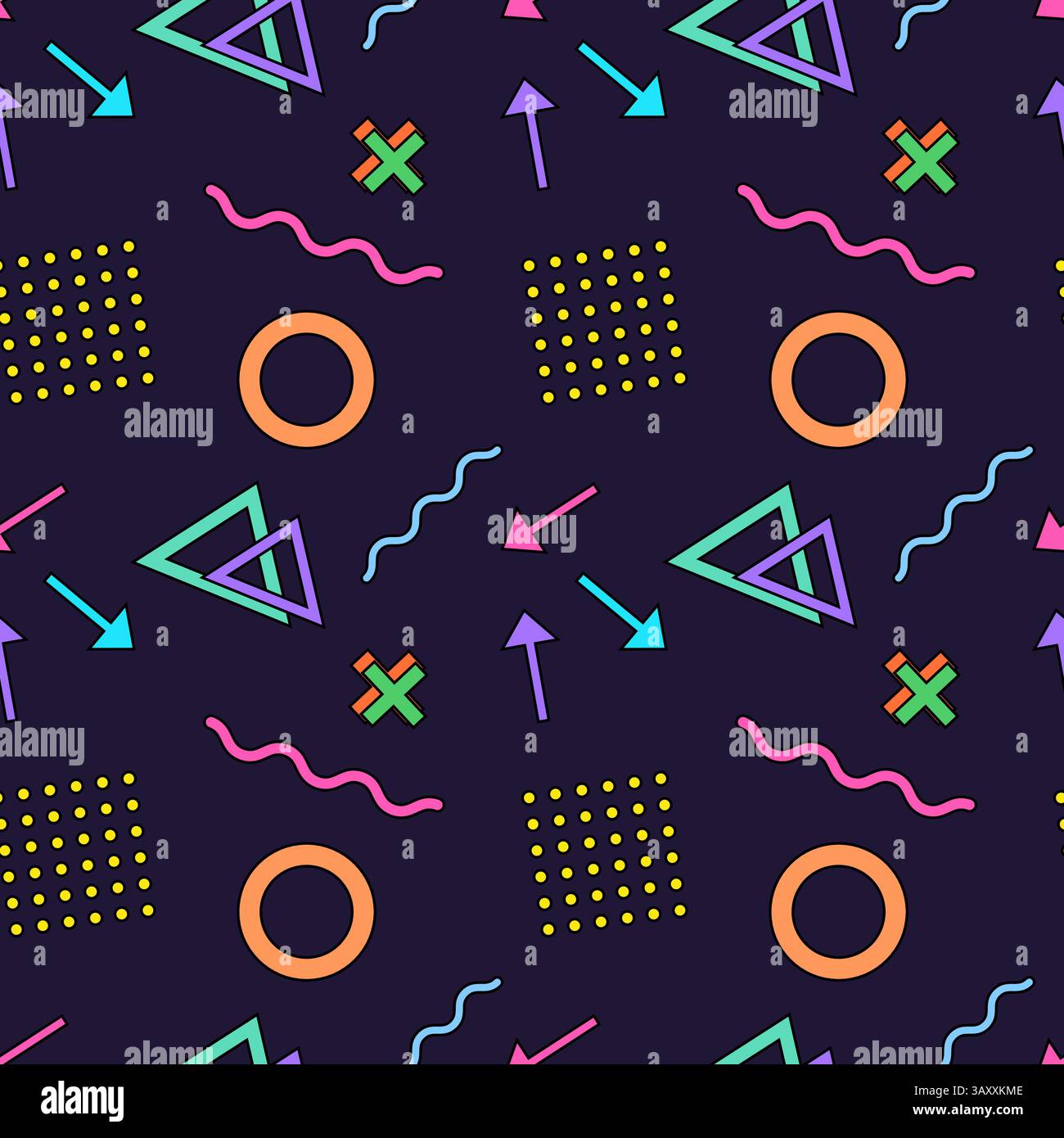 Vivace motivo senza cuciture in stile Memphis con forme geometriche astratte e colorate, frecce e linee ondulate su sfondo blu scuro. Perfetto per Illustrazione Vettoriale